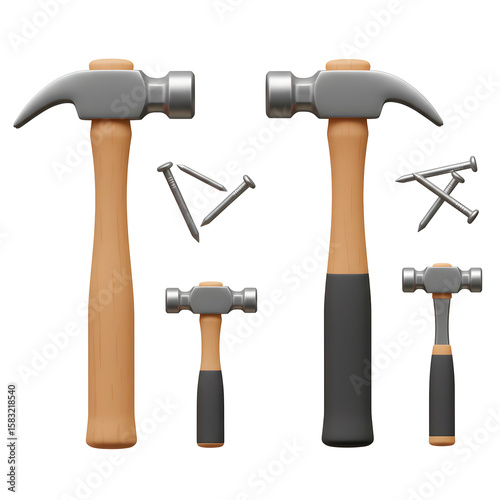 Large set of construction hammers with nails