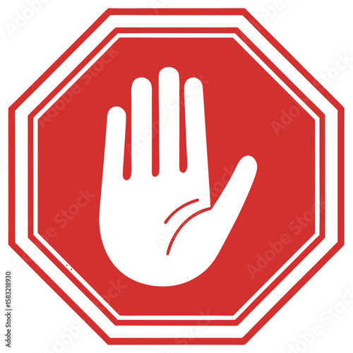 Red octagon stop sign with black open hand symbol indicating prohibition or warning