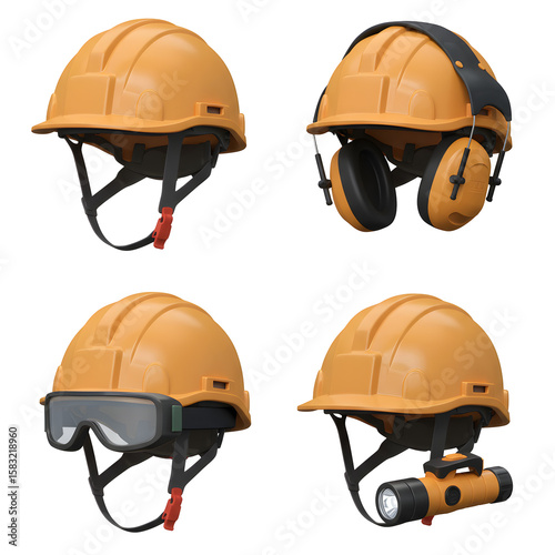 Set of industrial helmets with earmuffs and accessories