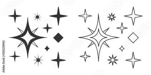 Collection of stylized starbursts and sparkles in both black and white on a dark background