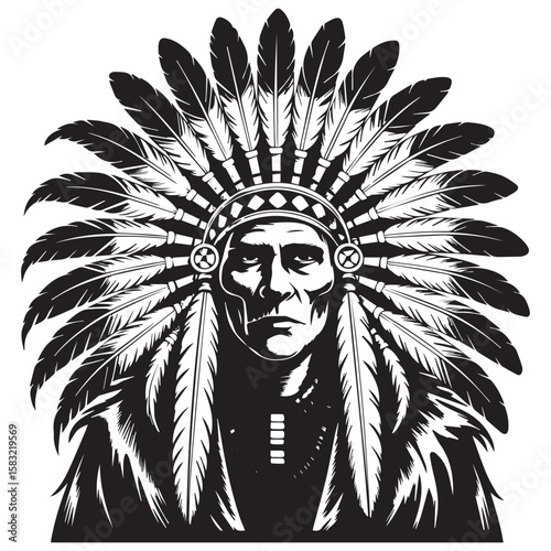 Powerful black and white illustration of a native american chief wearing a detailed feathered headdress and traditional attire