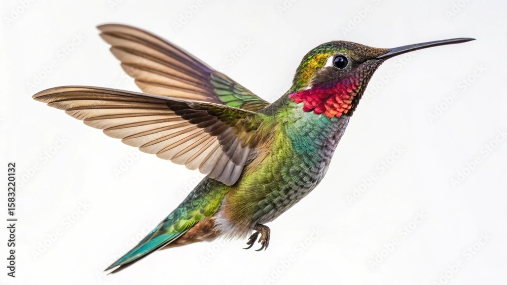 Fototapeta premium Ruby-throated hummingbirds in flight, hovering to feed on a flower, or perched on a branch, showcasing their small, green, and vibrant wildlife in nature