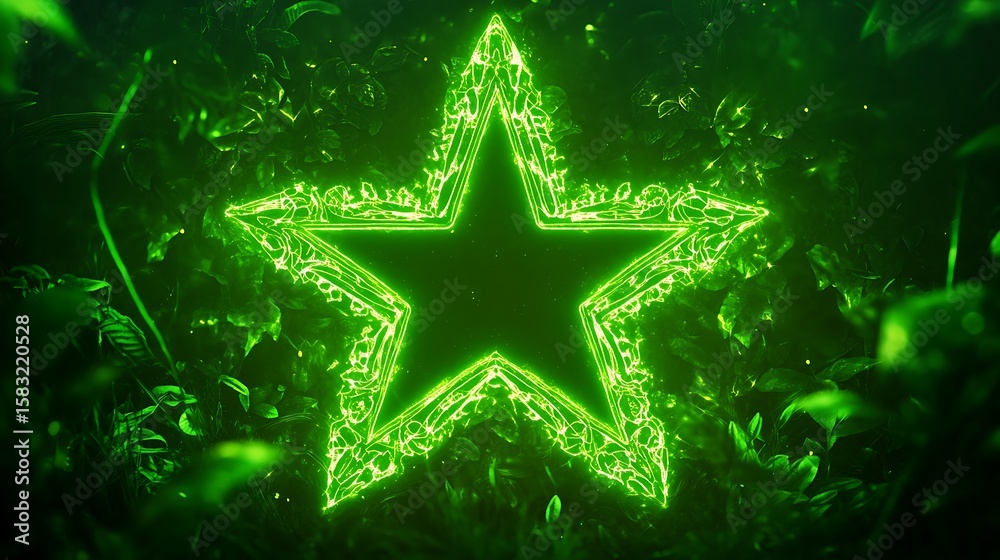 Fototapeta premium Glowing green star surrounded by swirling leaves