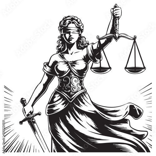 Stylized black and white illustration of lady justice holding scales and sword with blindfold and flowing gown