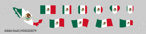 Collection of Mexican flags in various shapes and styles, including map overlay and waving designs for patriotic or graphic use. Vector isolated