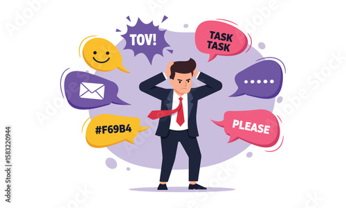Stressed Businessman with Information Overload Vector Illustration: Communication Pressure, Task Management, Mental Burden, Overwhelmed Office Worker.