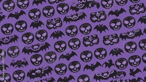 A repeating pattern of black bats and skulls on a purple background halloween themed design is present