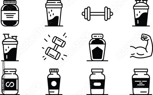 Black and White Fitness Icons Including Dumbbells Shakers and Supplements