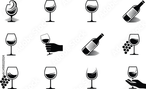 Black and White Wine Glass and Bottle Icons on White Background