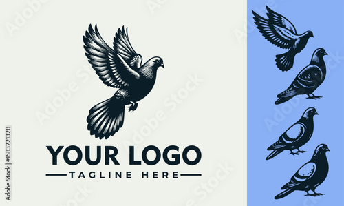A stylized logo featuring a dove in flight, alongside several other dove illustrations.