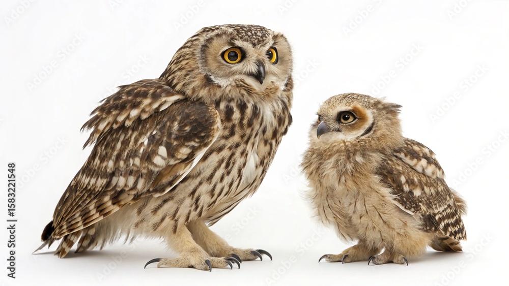 Naklejka premium Great horned and great grey owls, isolated birds of prey with captivating eyes and brown feathers, are wild nocturnal predators
