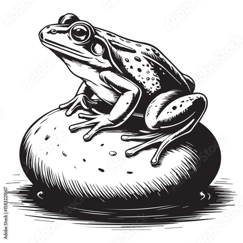 Detailed black and white illustration of a frog sitting on a round stone in water with a clean background
