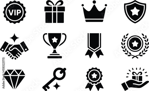 Black Icon Set of V I P Badge Gift Crown Shield Trophy Diamond Key and Handshake