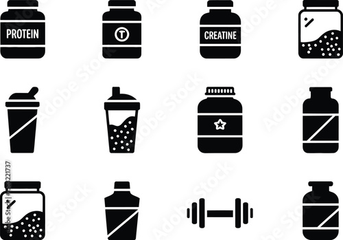 Black and white fitness supplements and shaker bottles illustration