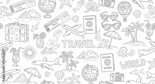Doodle art showcases a pattern of travel themed icons in monochrome