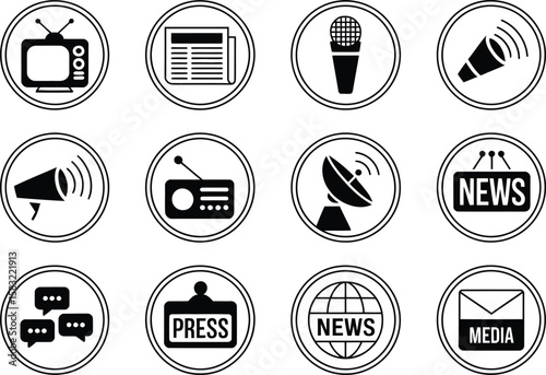 Black and White Media Icons in Circular Frames on White Background