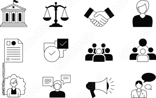 Black and white icon set of legal business and communication symbols