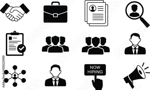 Black and White Recruitment Icons Handshake Briefcase Resume Magnifying Glass Team