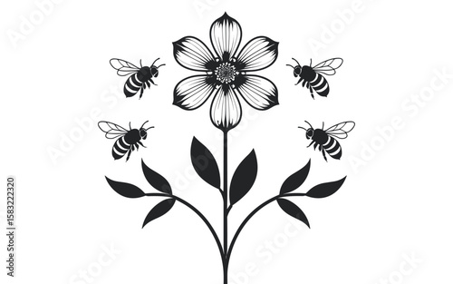 Black bees surrounding a detailed flower insect bloom