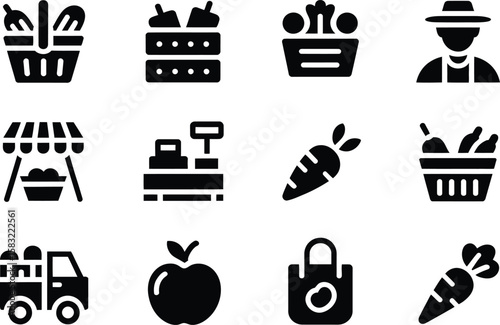 Black and White Farm Stand Icons: Baskets Produce Farmer Apple Carrot