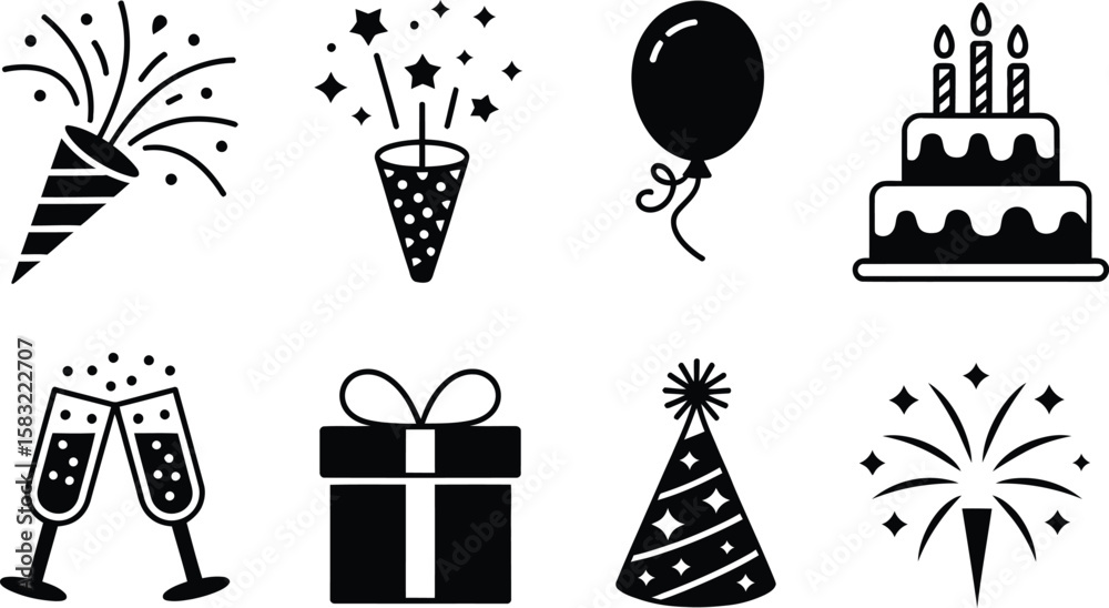 Naklejka premium Black and White Party Icons: Confetti, Fireworks, Cake, Balloon, Gift, Champagne, Hat
