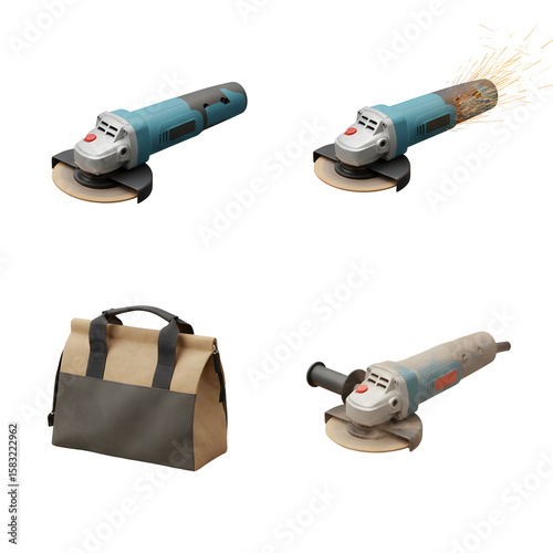 Various angle grinders and utility pouches