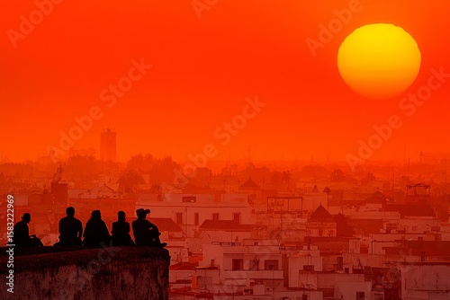 Dusk casts golden glow on seville as evening markets bustle. Extreme heat spain. Saharan air mass causes severe heat spike in southern europe's spain. Heatwave precautions. Spanish heat spike.