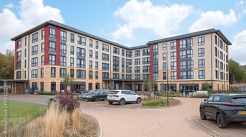 Modern apartment building with parking area.