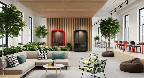 Modern Office Lounge with Minimalist Furniture and Natural Lighting