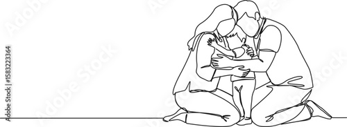 continuous single line drawing of mother and father embracing their young child, line art vector illustration