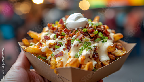 Delicious loaded fries food truck festival culinary delight outdoor atmosphere close-up view street food culture