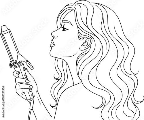 Young woman styling her hair with a curling iron line art