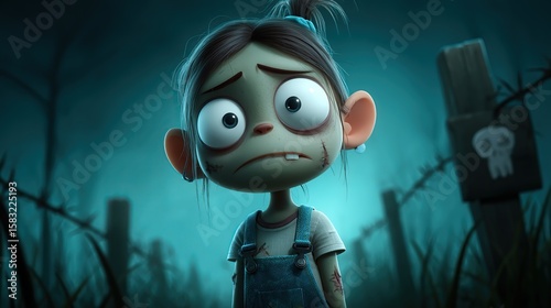 Sad Cartoon Zombie Girl with Stitches in an Eerie, Darkened Outdoor Setting