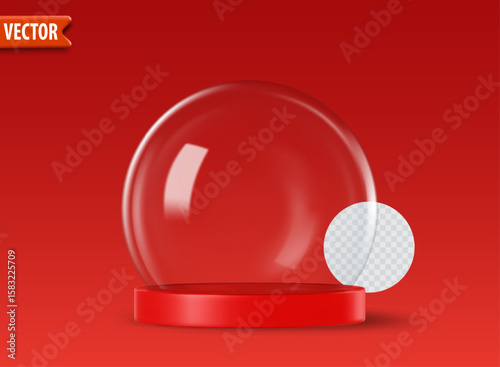 Empty 3d glass snow globes isolated on red background with space for custom designs. Christmas decorative podium with transparent glass dome for products studio. Vector illustration render snow ball.