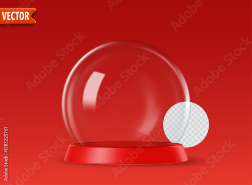 Empty 3d glass snow globes isolated on red background with space for custom designs. Christmas decorative podium with transparent glass dome for products studio. Vector illustration render snow ball.