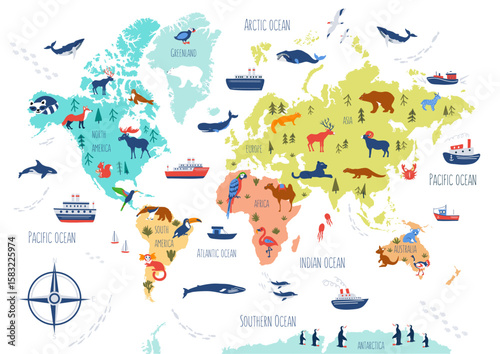 World map of animals, Cartoon vector decorative colorful background, adventure doodle illustration, atlas children poster, discovery and continent name, design travel fantasy wallpaper for play kid