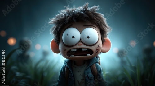 Scared Animated Boy with Wide Eyes and Messy Hair in a Mysterious Night Field