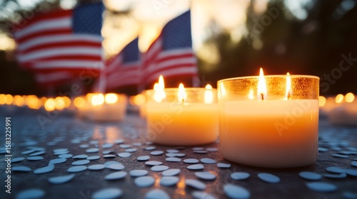 Burning candles commemorating a patriotic event with american flags