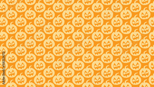 Repetitive pattern of halloween pumpkins with carved faces on an orange colored background design for october