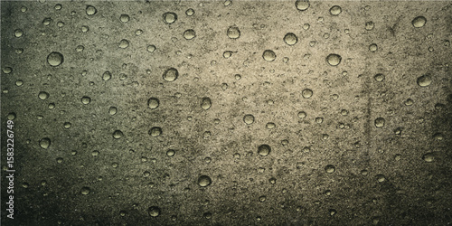 Wet rain droplets on a clear glass window create a blue abstract pattern