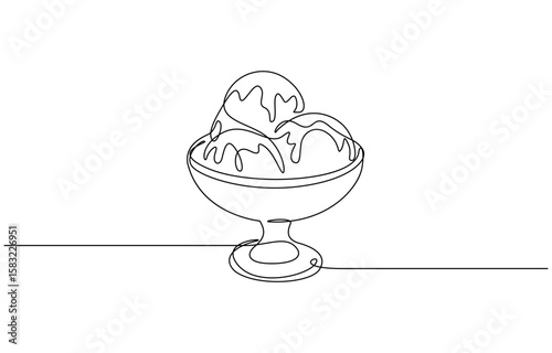 One line continuous ice-cream in a bowl symbol concept. Silhouette of dessert cafe restaurant snack, One line drawing of ice cream scoops on the glass bowl. Ice cream in single line draw illustration.