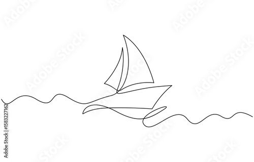 Single line continuous drawing of sailboat or yacht one line drawing outline vector art illustration. Sailboat single minimal line drawing on white background.