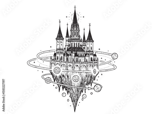 Celestial floating fortress with glowing towers and magical symbols in hand-engraved bold line style