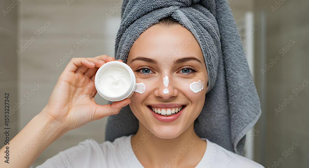 Fototapeta premium Young Woman Applying Face Cream in Bathroom