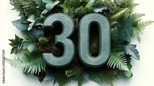 Number 30 surrounded by lush green foliage celebrating nature and growth