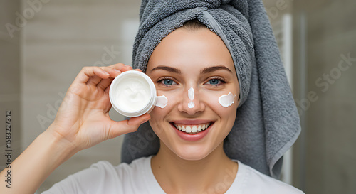Young Woman Applying Face Cream in Bathroom