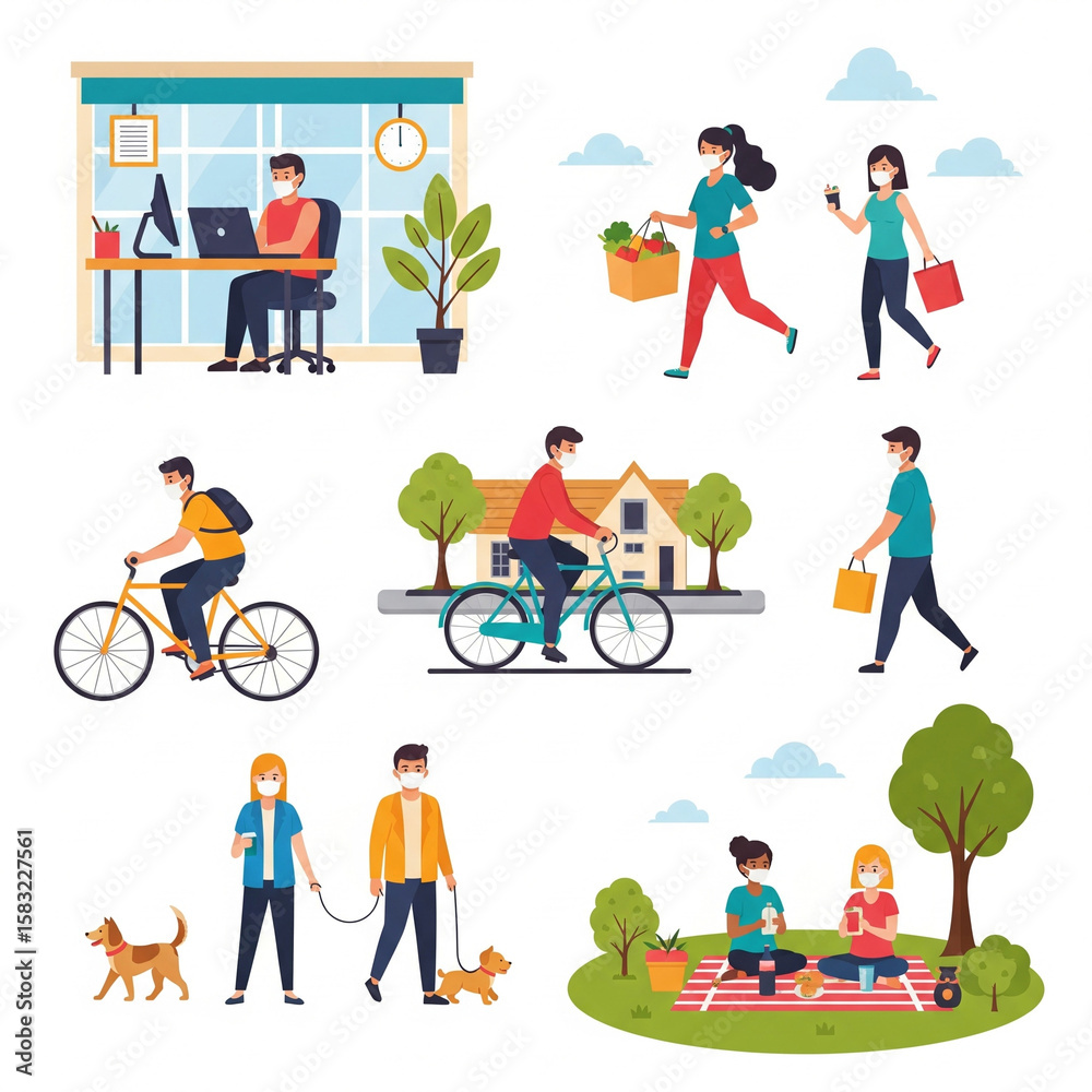 Fototapeta premium Flat Style Illustration of People Doing Activities While Wearing Mask
