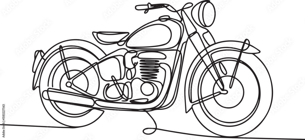 Fototapeta premium Continuous line art drawing of retro vintage motorcycle, classic old motorbike in minimalist style