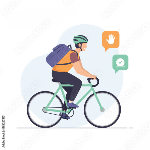 Flat Style Smiling Delivery Man Riding Bicycle with Backpack Illustration