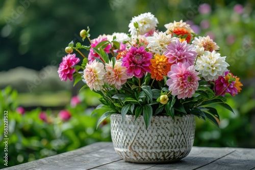 Wallpaper Mural Vibrant bouquet of dahlias displayed in a decorative pot on a garden table during summer Torontodigital.ca